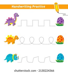 Práctica de escritura a mano para niños con vector de huevos de dinosaurios y dinosaurios