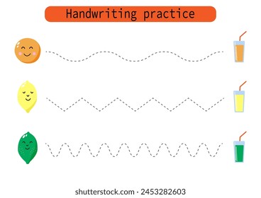 Handwriting practice for kids. Draw lines for kids. Trace and color, coloring. Vector EPS10