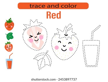 Handwriting practice for kids. Draw lines for kids. Tracing and coloring, fruits and berries. Vector EPS10