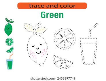 Handwriting practice for kids. Draw lines for kids. Tracing and coloring, fruits and berries. Vector EPS10