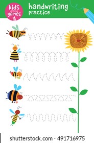 Handwriting practice. Kids learning games collection. Cute bees.