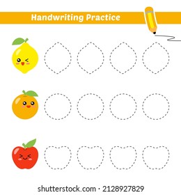 Práctica de escritura a mano para niños con vector de limón, naranja y manzana