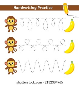 Práctica de escritura a mano para niños con vector de mono y banana