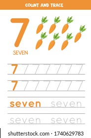 Handwriting practice for kids. Number 7. Seven cartoon carrots. Printable math worksheet for kindergarten children to improve writing skills. 