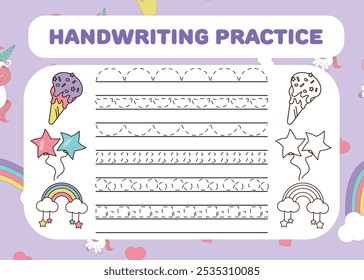 Handwriting practice for kids with outline coloring unicorn