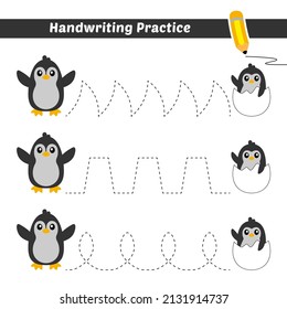 Handwriting practice for kids with penguin and baby penguin vector