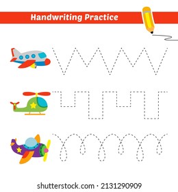 Handschriftübungen für Kinder mit Flugzeug und Hubschrauber, Vektorgrafik