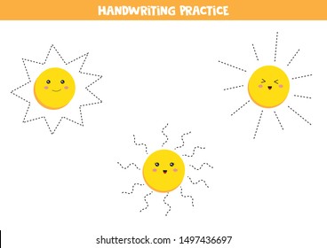 Handwriting practice for kids. Preschool worksheet. Set of cute kawaii suns. Educational worksheet for kids. Games for kids. Printable pages for preschool children.