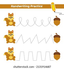 Handwriting practice for kids with squirrel and peanuts vector