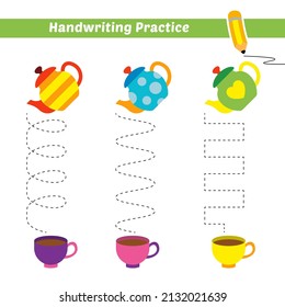 Handwriting practice for kids with tea pot and cup vector