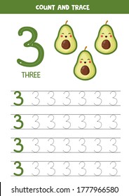 Práctica de escritura a mano para niños. Tres adorables aguacates kawaii. Número tres. Hoja de cálculo de matemáticas imprimible para niños de guardería para mejorar sus habilidades de escritura. 