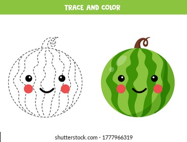 Handwriting practice for kids. Trace and color cute kawaii watermelon. Educational worksheet for kids. Printable worksheet. Coloring page for preschoolers.