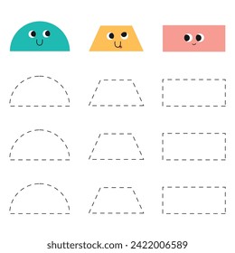 Handwriting practice for kids.  Trace worksheet with shapes. Semicircle, trapeze and rectangle