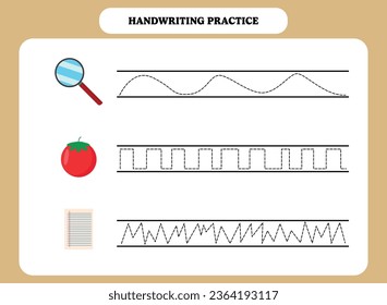 Handwriting practice for kids. Tracing lines activity. Educational worksheet design for preschool or kindergarten students.