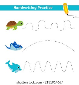 Handwriting practice for kids with turtle, stingray fish and dolphin vector