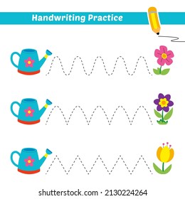 Handwriting practice for kids with watering can and flower vector