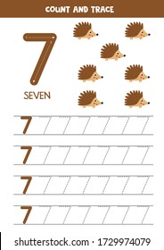 Handwriting practice for kindergarten children. Learning to write number seven with cute cartoon hedgehogs. Count animals and trace numbers. Printable math worksheet. 