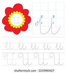 Handwriting practice. Learning alphabet with cute characters, letter u. Printable for kids and toddlers with tracing lines.