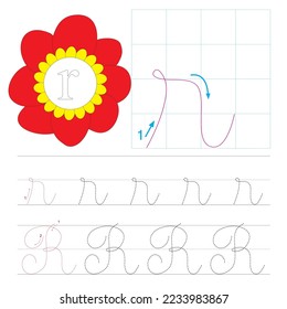 Handwriting practice. Learning alphabet with cute characters, letter r. Printable for kids and toddlers with tracing lines.