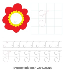 Handwriting practice. Learning alphabet with cute characters, letter j. Printable for kids and toddlers with tracing lines.