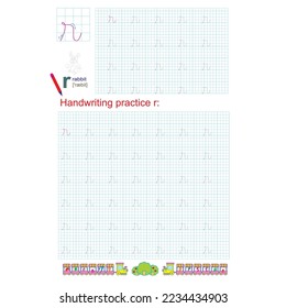 Handwriting practice. Learning alphabet with lowercase letters characters, letter r. Printable for kids and toddlers with tracing lines.