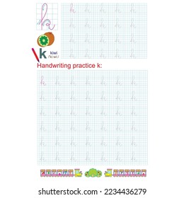 Handwriting practice. Learning alphabet with lowercase letters characters, letter k. Printable for kids and toddlers with tracing lines