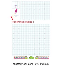 Handwriting practice. Learning alphabet with lowercase letters characters, letter i. Printable for kids and toddlers with tracing lines