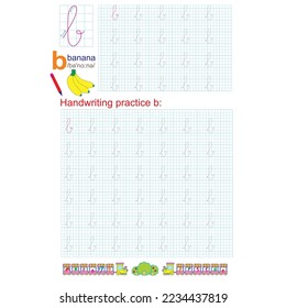 Handwriting practice. Learning alphabet with lowercase letters characters, letter b. Printable for kids and toddlers with tracing lines.