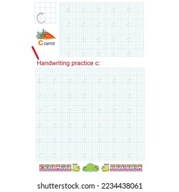 Práctica de escritura a mano. Alfabeto de aprendizaje con caracteres en minúsculas, letra c. Imprimible para niños y niños pequeños con líneas de rastreo