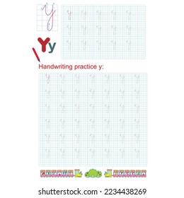 Handwriting practice. Learning alphabet with lowercase letters characters, letter y. Printable for kids and toddlers with tracing lines