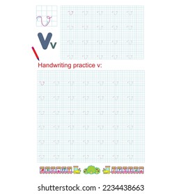 Handwriting practice. Learning alphabet with lowercase letters characters, letter v. Printable for kids and toddlers with tracing lines.