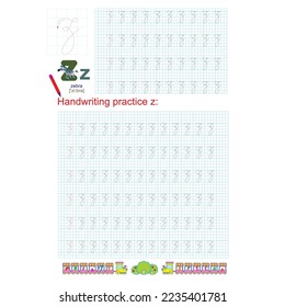 Handwriting practice. Learning alphabet with lowercase letters characters, letter z. Printable for kids and toddlers with tracing lines