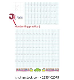 Práctica de escritura a mano. Aprender alfabeto con caracteres en minúsculas, letra j. Imprimible para niños y niños pequeños con líneas de rastreo