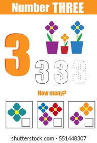 Handwriting practice. Learning mathematics and numbers. Number three. Educational children game, printable worksheet for kids