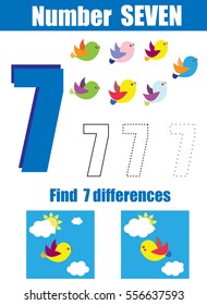 Handwriting practice. Learning mathematics and numbers. Number seven. Educational children game, printable worksheet for kids