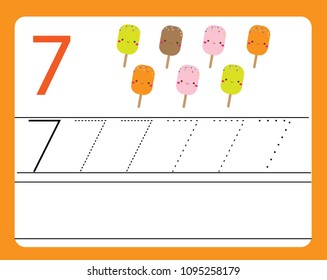Handwriting practice. Learning numbers with cute characters. Number seven. Educational printable worksheet for kids and toddlers with tracing lines