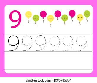 Handwriting practice. Learning numbers with cute characters. Number nine. Educational printable worksheet for kids and toddlers with tracing lines