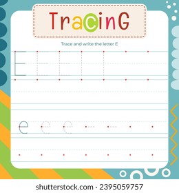 Handwriting practice letter E uppercase and lowercase. Tracing and writing practice square flash card. Developing writing skills. Lined worksheet for kids textbook. Vector illustration.