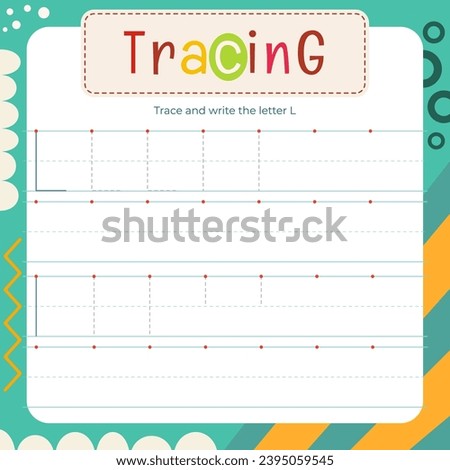 Handwriting practice letter L uppercase and lowercase. Tracing and writing practice square flash card. Developing writing skills. Lined worksheet for kids textbook. Vector illustration.