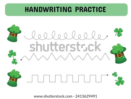 Handwriting practice. Line drawing for children with hat and clover. Early education worksheet for children