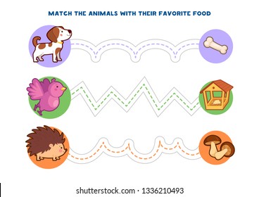 Handwriting practice. Match the animals with their favorite food. Educational children game. Vector illustration