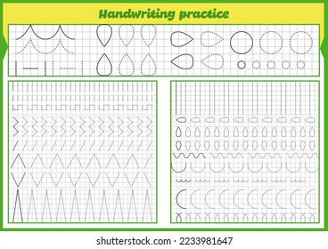 Handwriting practice notebooks. Tracing lines for kids. Educational game for preschoolers. Activity pages set.