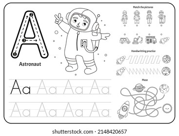 Hoja de esquema de la práctica de escritura a mano. Escritura básica. Juego educativo para niños. Hoja de trabajo para el aprendizaje del alfabeto. Carta A. Ilustración de astronautas de niños lindos.
