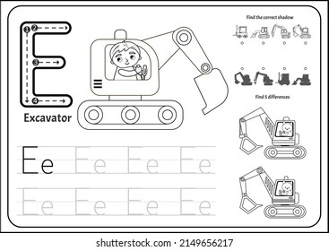 Handwriting practice outline sheet. Basic writing. Educational game for children. Worksheet for learning alphabet. Letter E. Illustration of cute boy rides an excavator.

