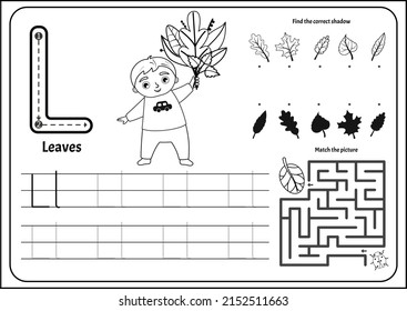 Handwriting practice outline sheet. Basic writing. Educational game for children. Worksheet for learning alphabet. Letter L. Illustration of cute boy holding a bouquet of beautiful leaves.
