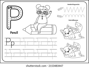 Handwriting practice outline sheet. Basic writing. Educational game for children. Worksheet for learning alphabet. Letter P. Illustration of cute girl sits on a big pencil.
