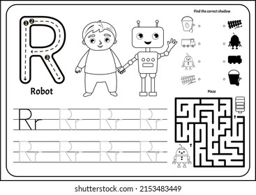 Handwriting practice outline sheet. Basic writing. Educational game for children. Worksheet for learning alphabet. Letter R. Illustration of cute boy is holding the robot's hand.
