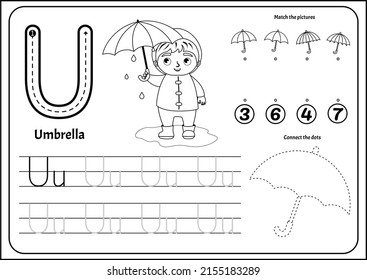 Handschriftenpraxisübersicht. Grundlegende Schrift. Erziehungsspiel für Kinder. Arbeitsblatt zum Alphabet lernen. Buchstabe T. Illustration eines süßen Jungen steht unter einem Regenschirm in Gummistiefeln.
