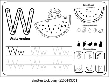 Handwriting practice outline sheet. Basic writing. Educational game for children. Worksheet for learning alphabet. Letter W. Illustration of a cute boy hid behind a large piece of watermelon.
