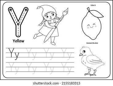 Handwriting practice outline sheet.  Educational game for children. Worksheet for learning alphabet. Letter Y. Illustration of a  cute girl in yellow clothes holds a brush in her hands.
